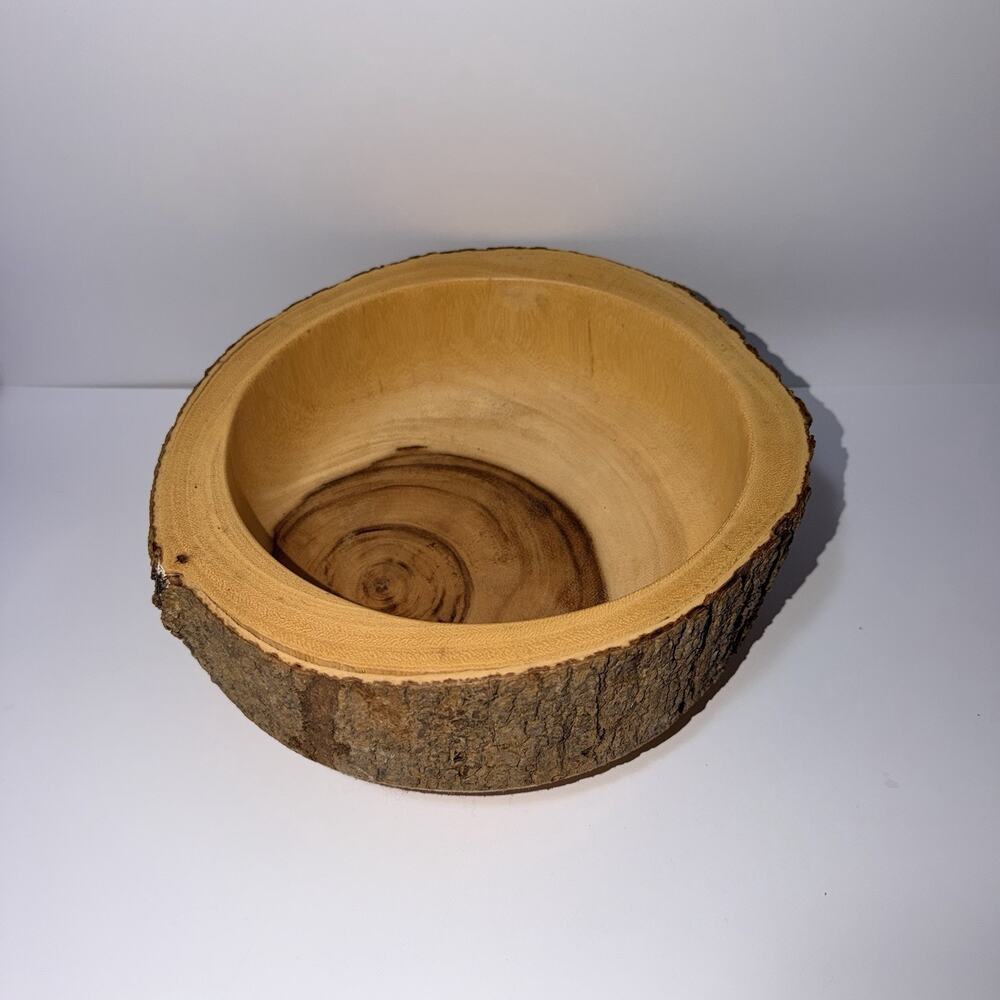 Hand Turned Wood Bowl Live Edge Bark Rim Rustic Catch All Tray 8.5"x4" Farmhouse